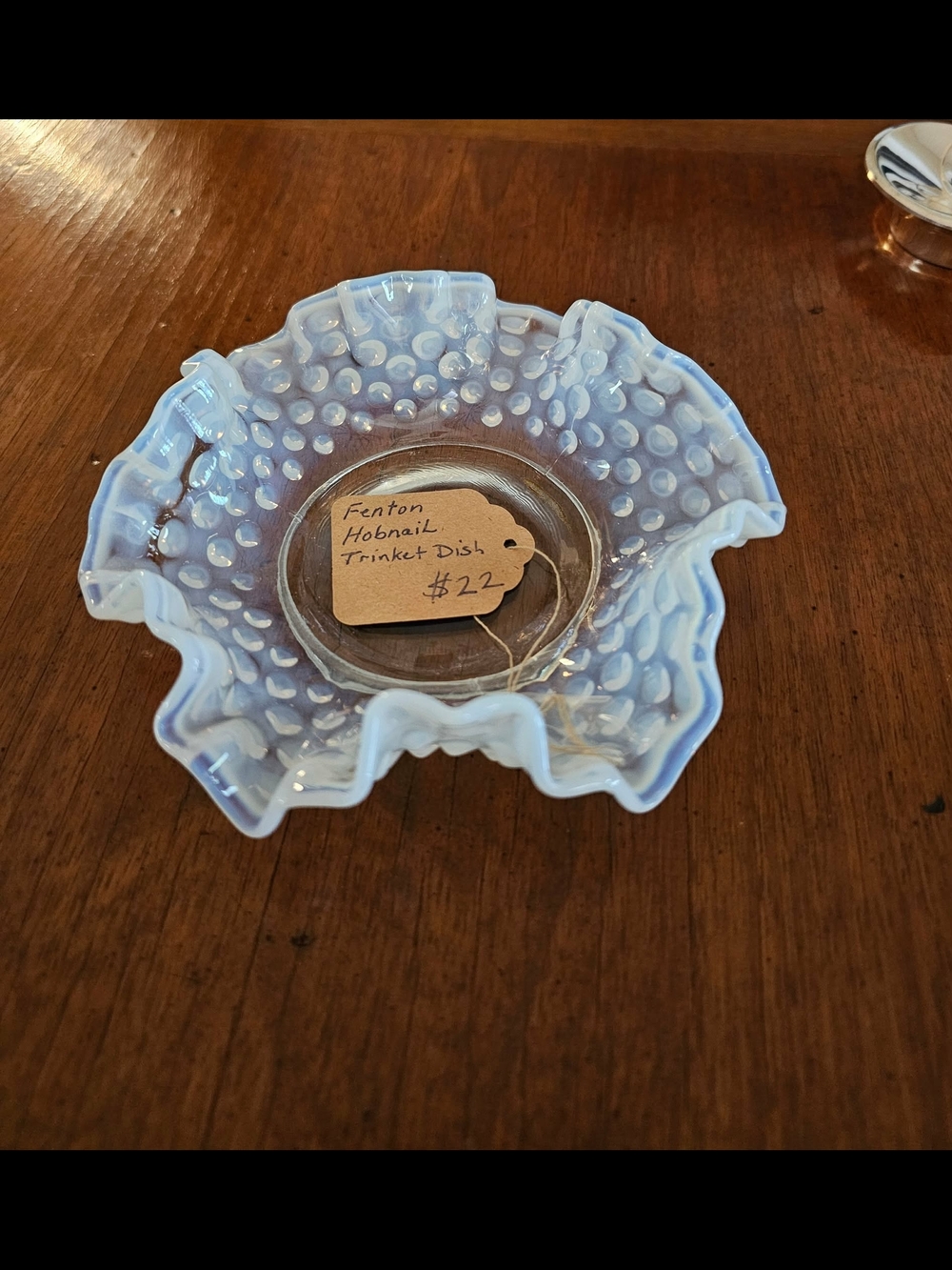 Fenton Opalescent Pale Blue Hobnail Ruffled Dish